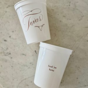 TEXAS Plastic Cups, white and copper (U. of Texas Longhorns)